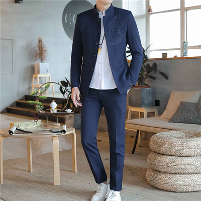 中山装男立领修身潮青年中国风龙刺绣西装套装休闲西服唐装两件套