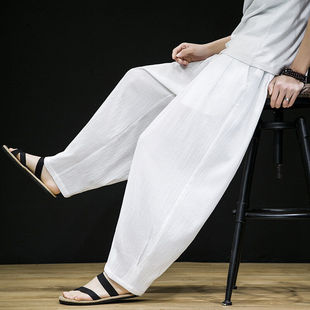 春夏季新款中国风宽松阔腿裤男运动灯笼裤树皮皱白色休闲裤长裤子