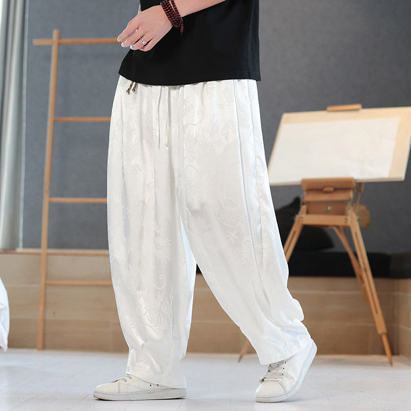 夏装汉服裤子中式龙纹运动裤男加肥大码哈伦裤阔腿灯笼裤潮休闲裤
