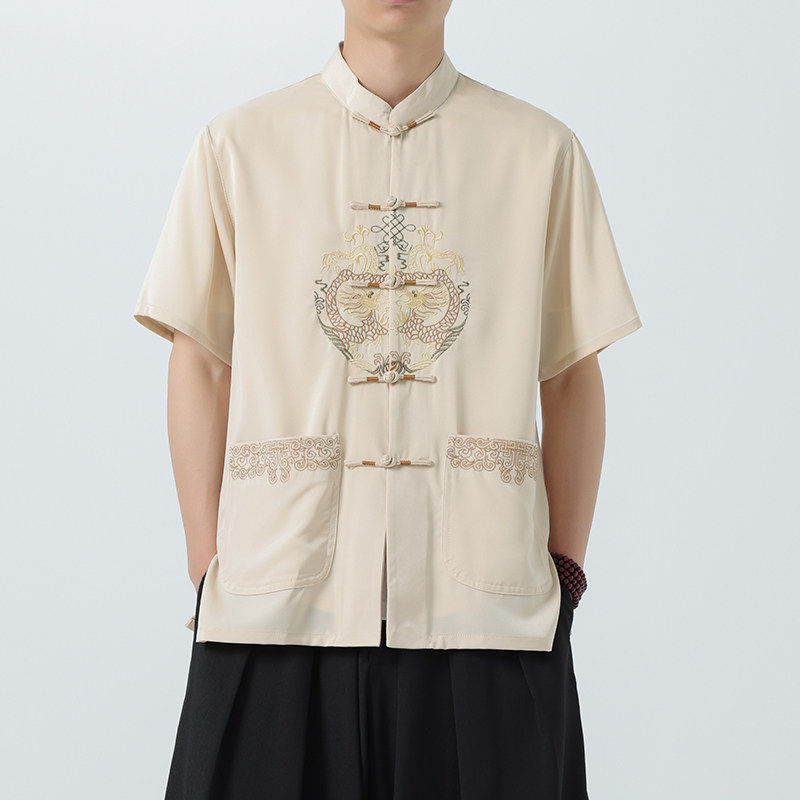新中式龙刺绣短袖衬衫薄款冰丝上衣中老年盘扣唐装半袖开衫男工服