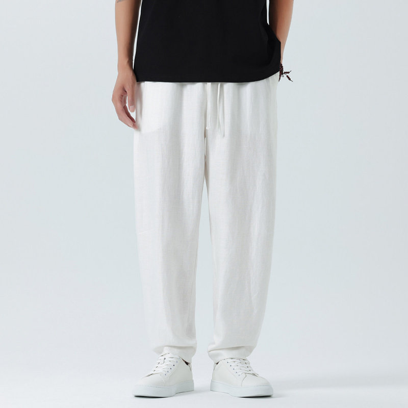 夏季薄款休闲裤天丝亚麻宽松阔腿裤白色小脚开衩直筒裤男中式长裤