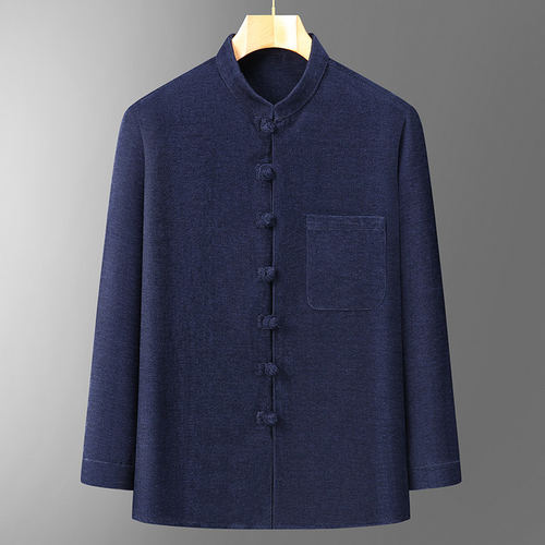 春夏季长袖衬衫商务休闲工装衬衣中老年盘扣唐装工作服开衫男汉服