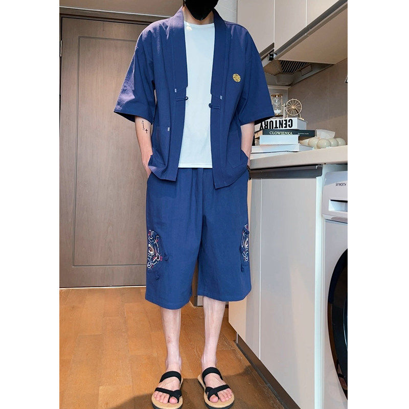 夏季新款中国风刺绣运动服套装青年五分中袖汉服七分裤两件套男潮