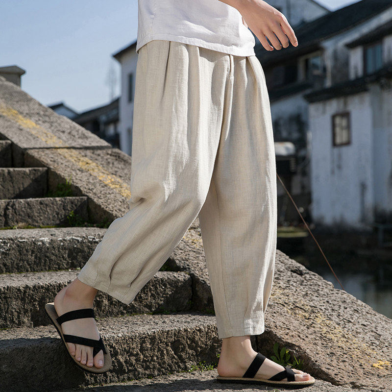 夏装国潮苎麻休闲裤百搭上班工作裤男棉麻褶皱小脚哈伦灯笼九分裤