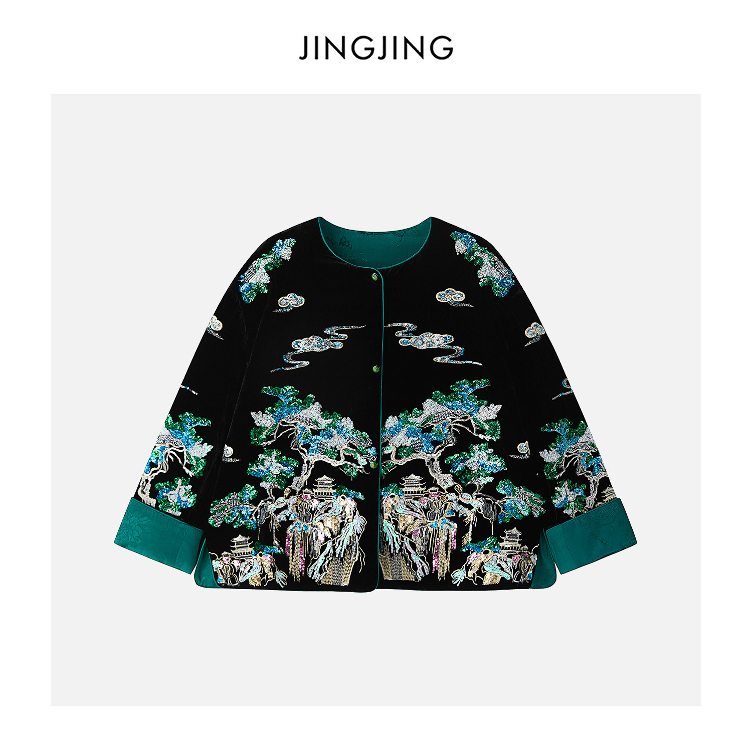 JINGJING2024新款“月月香色”重工刺绣立体亮片袖口提花丝绒上衣