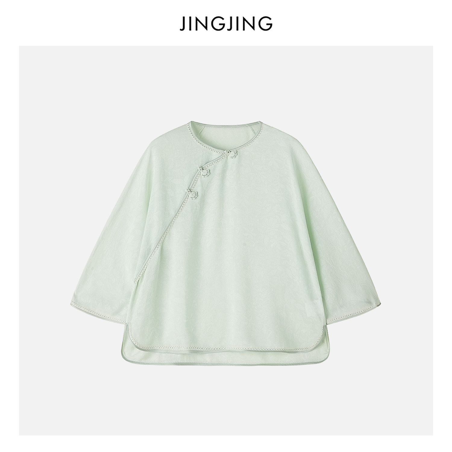 JINGJING"青芜"桑蚕丝19姆米四经绞罗暗纹提花刺绣七分袖国风上衣