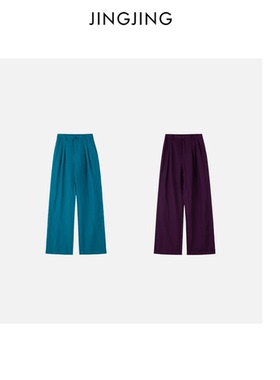 JINGJING2024春夏“都士丽人”100天然亚麻扣子腰蓝色紫色裤子