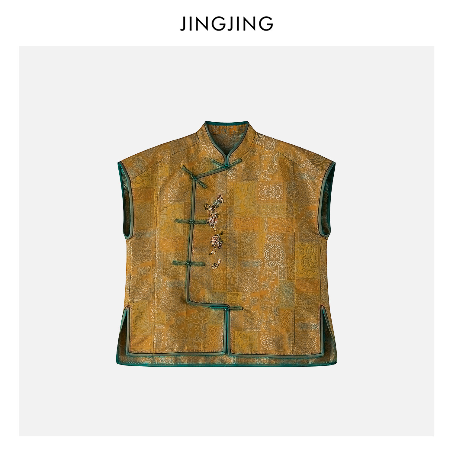 JINGJING"金枝绿意"夏季100%桑蚕丝38姆米蜀锦钉珠绣花国风上衣