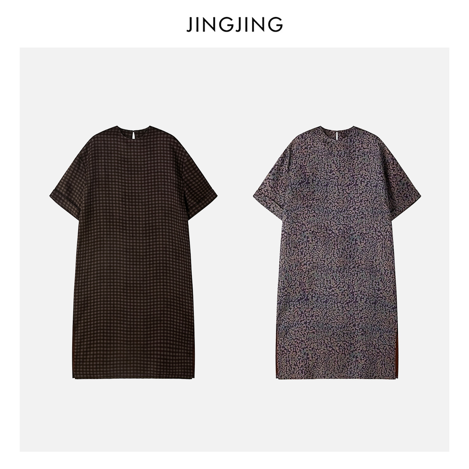JINGJING"格雷漫野"100%桑蚕丝26姆米香云纱轻薄宽松圆领连衣裙
