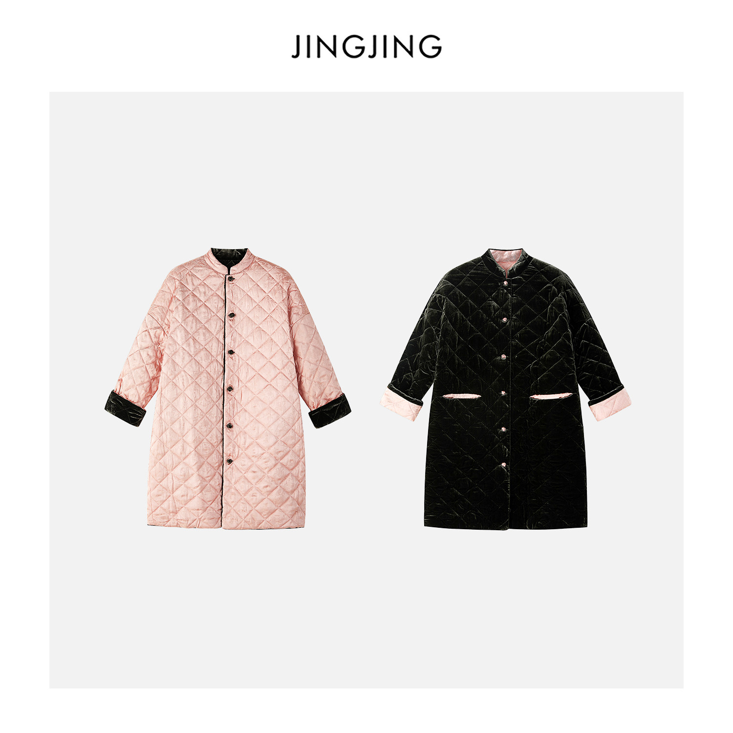 真丝黑丝绒直筒棉服菱形格棉