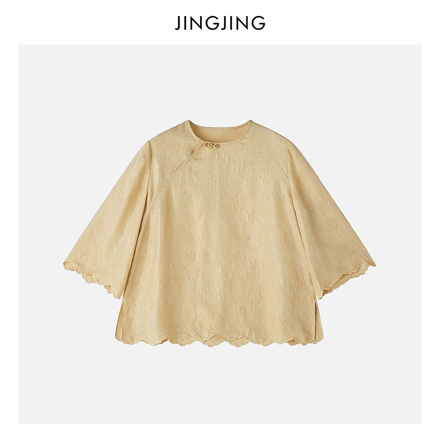 JINGJING"月杏鎏金"桑蚕丝织金冠乐绉20姆米小细闪花瓣中袖上衣