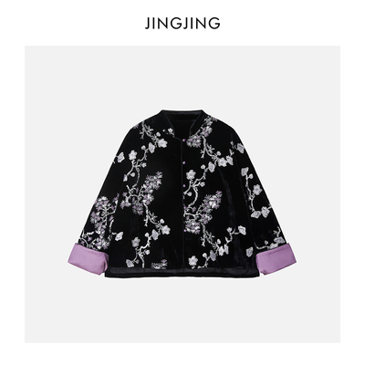 中式真丝黑丝绒花上衣