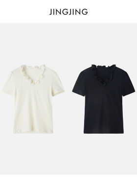 JINGJING2026新款“奶芙芙”春夏款绵羊毛木耳花边领简约百搭T恤