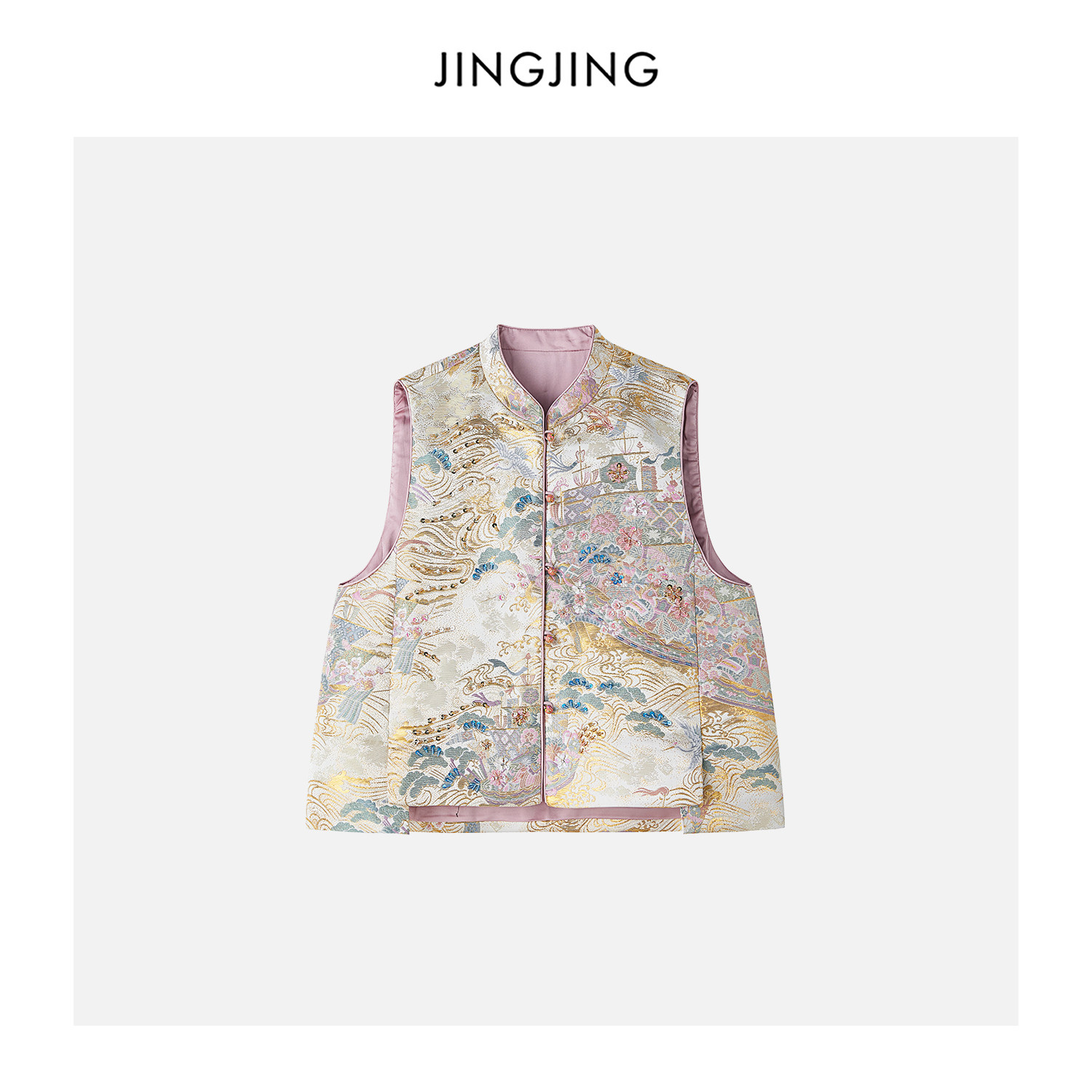 JINGJING2025新款“花开满城 ”重工钉珠金丝线刺绣缎面光感马甲