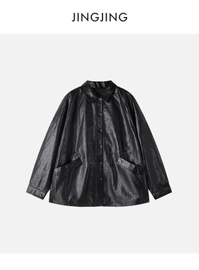 JINGJING2026新款“怀旧先锋”100羊皮复古简约气质排扣夹克外套