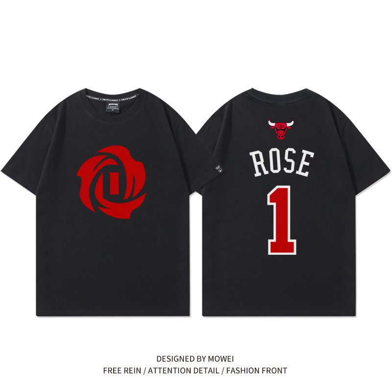 公牛罗斯t恤男退役纪念美式复古风城玫瑰1号球衣训练宽松纯棉短袖