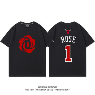 公牛罗斯t恤男退役纪念美式复古风城玫瑰1号球衣训练宽松纯棉短袖