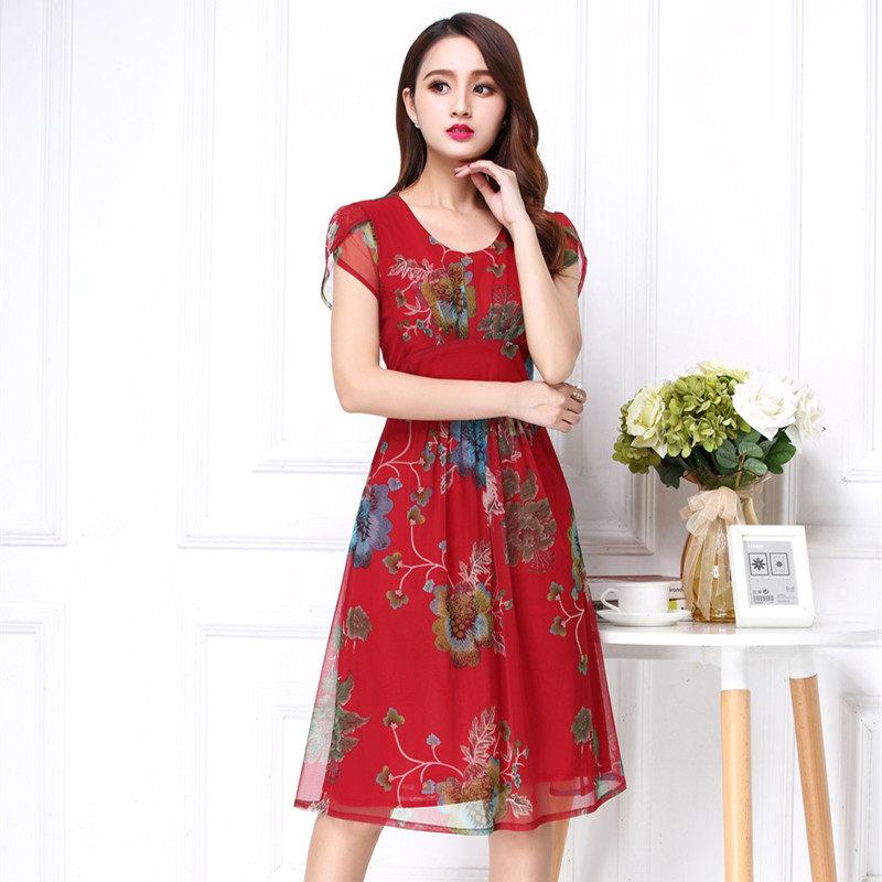 多田伊秀连衣裙红色洋气简约气质圆领中年妈妈女装夏弹力套头印花