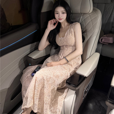 green大姐姐【温柔本柔】粉色纯欲吊带裙修身收腰蕾丝连衣裙长裙