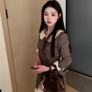 长袖 名媛娃娃领白小香风连衣裙收腰短款 miu风少女 green大姐姐