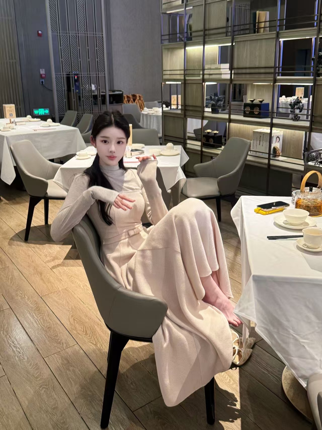 green大姐姐【韩女千金】气质收腰显瘦长袖半高领连衣裙羊毛长款