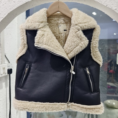 女童加绒加厚皮毛一体马甲孩3-8岁男孩pu皮马甲机车马甲洋气个性