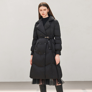 黑色长款羽绒服女翻领双排扣系带收腰显瘦保暖外套268A0