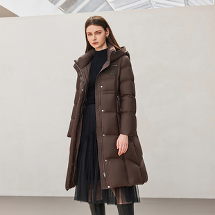 几何绗线收腰连帽中长款羽绒服女冬季显瘦气质长外套259A0