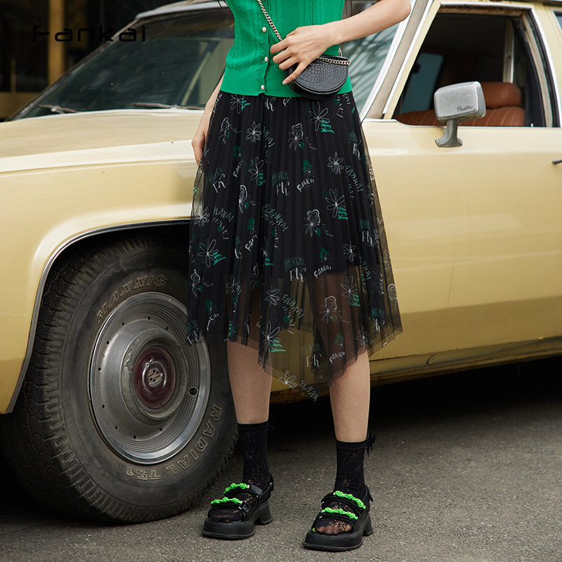 梵凯半身裙2024夏网纱百褶不规则裙摆松紧腰时尚百搭新潮半身裙