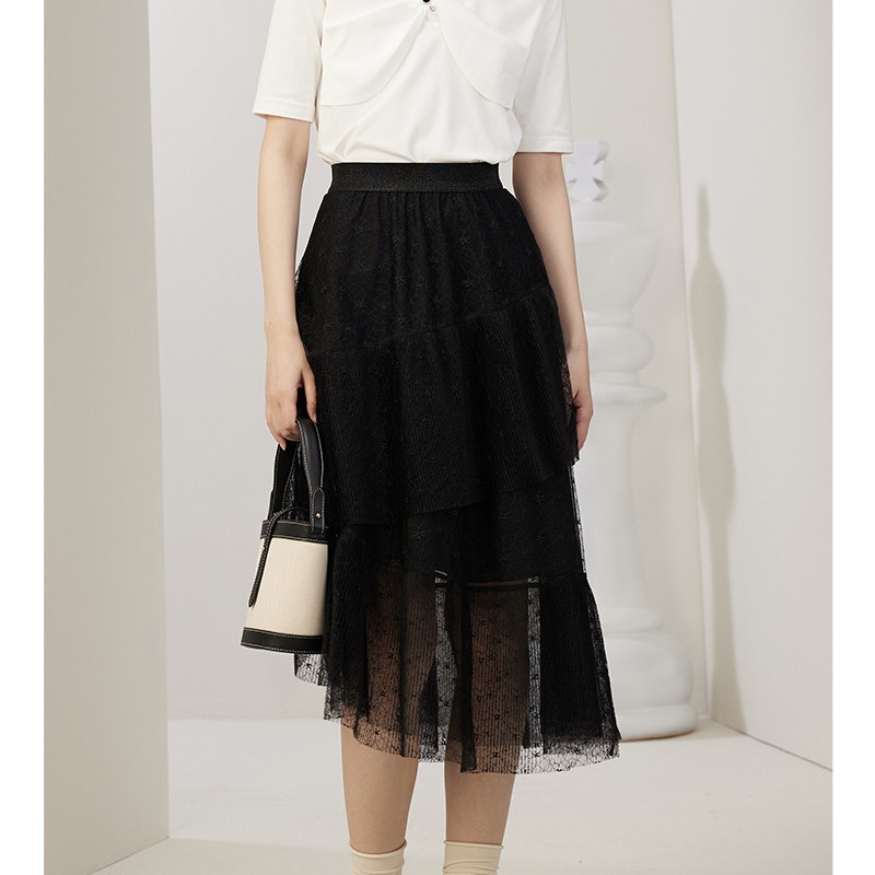 梵凯半身裙2024秋黑色网纱褶皱层次感不规则蛋糕半裙松紧腰半裙