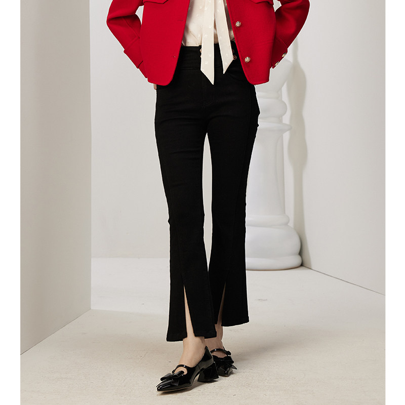 梵凯女牛仔裤2024秋高腰修身开叉微喇黑色牛仔长裤时尚弹力牛仔裤