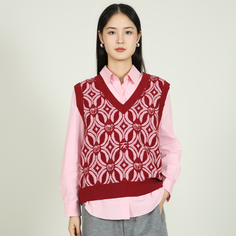 梵凯冬V领毛织马甲+衬衣两件套装