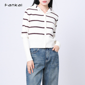 毛织衫 女法式 撞色黑白条纹修身 梵凯秋冬新款 翻领通勤毛衣开衫 外套