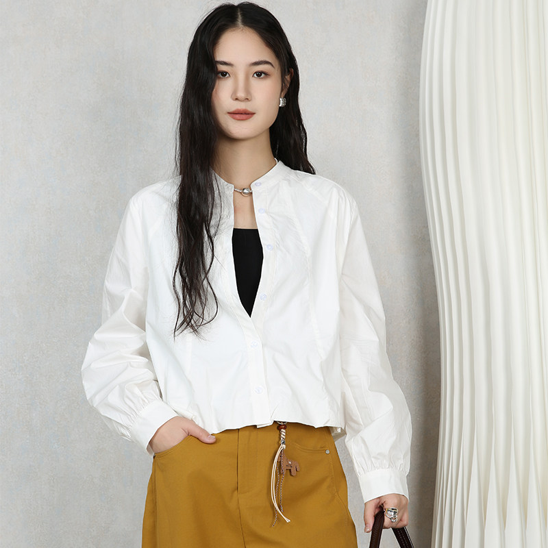 梵凯衬衣外套女2026春新中式风立领长袖宽松束腰短款纯棉衬衣外套