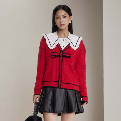 梵凯毛织V领开衫蝴蝶结毛织外套