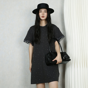 梵凯连衣裙2026春圆领短袖烫钻深灰色直筒宽松春夏中长连衣裙