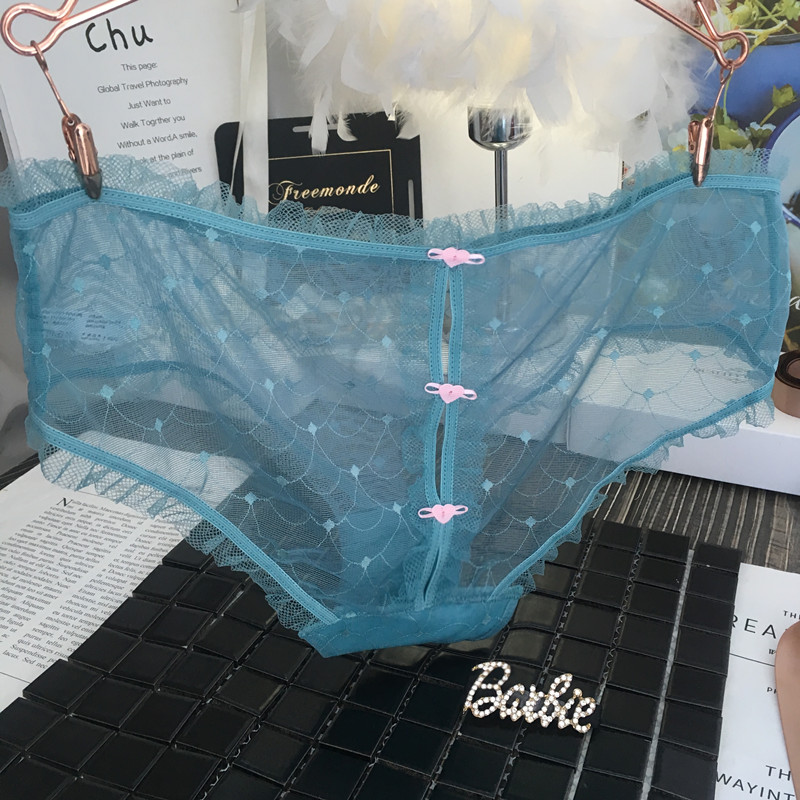 日韩蓝色镂空超薄透明网纱性感低腰内裤夏季新款少女蕾丝三角裤头