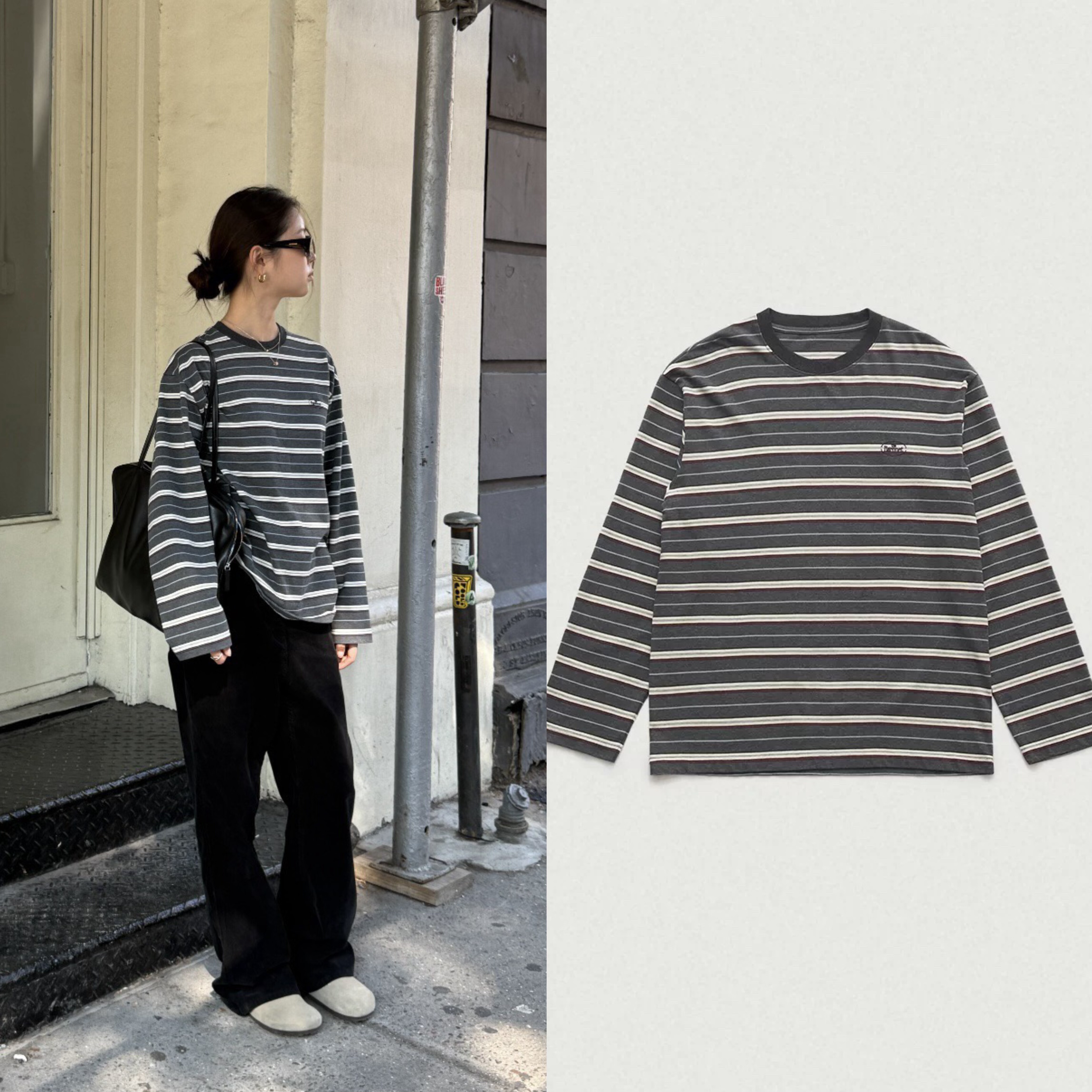 【现货】韩国thebarnnet长袖T恤女八奶秋季新款拼色条纹圆领上衣