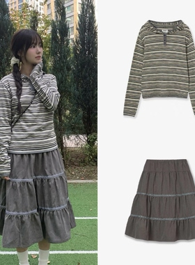 条纹刺绣LOGO连帽衫上衣25秋韩国AEAE条纹拼接半身裙蛋糕裙套装