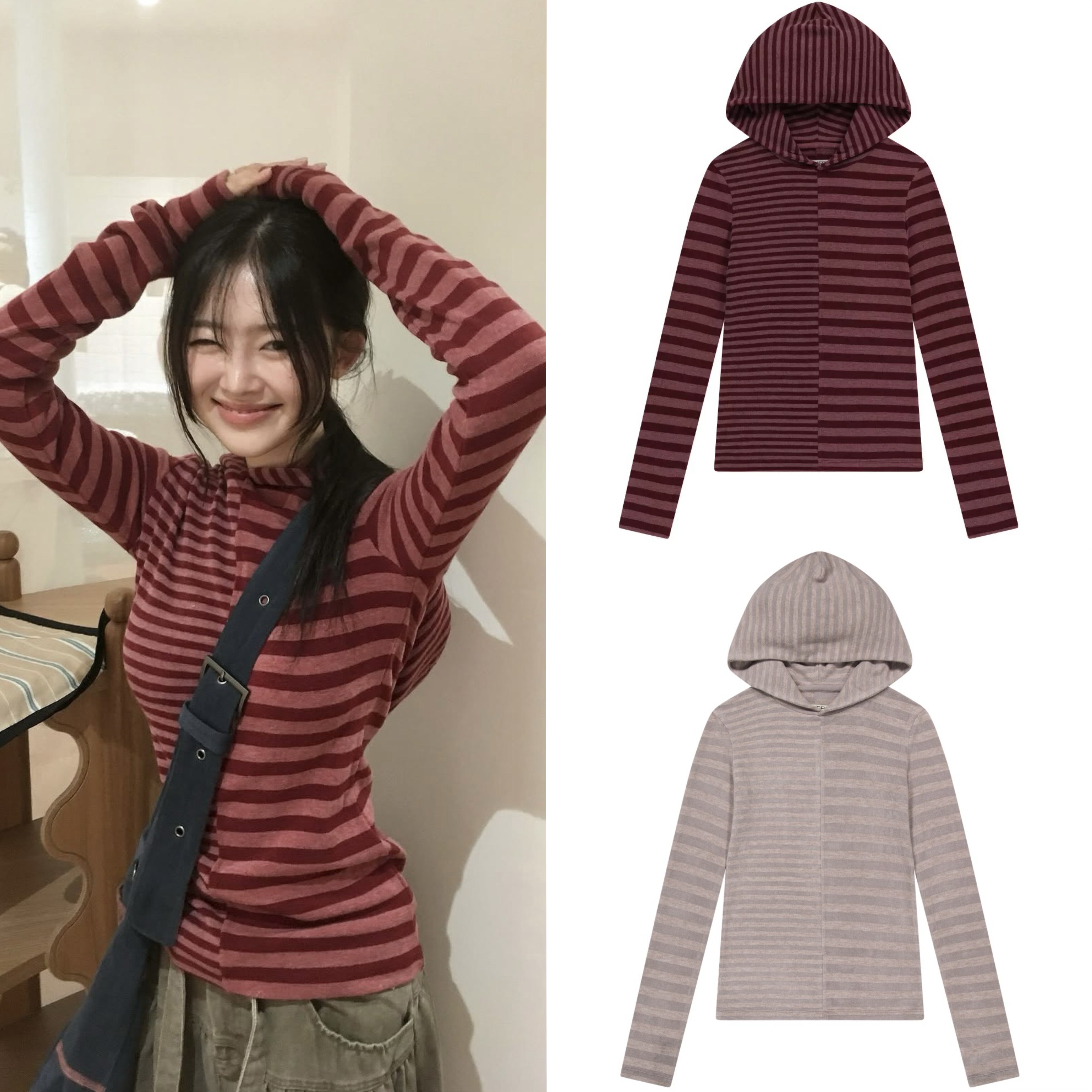 现货 韩国设计师品牌COYSEIO韩系校园风复古混合条纹连帽长袖上衣