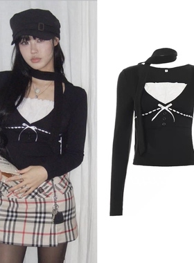 现韩国angelnumber555 纯欲甜美蝴蝶结方领T恤围巾两件套休闲上衣