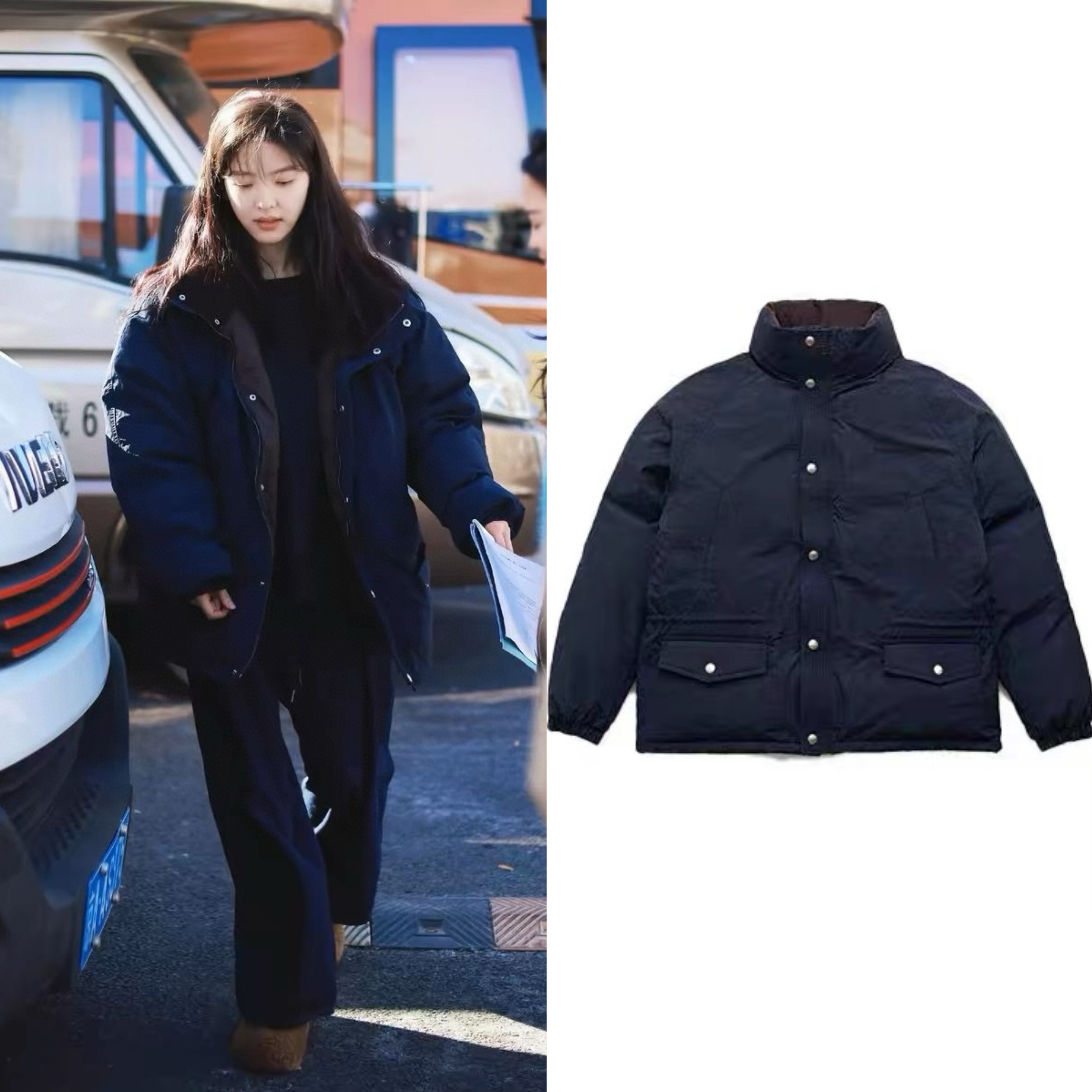 【现货】韩国八奶the barnnet羽绒服章若楠海军蓝立领白鹅绒外套