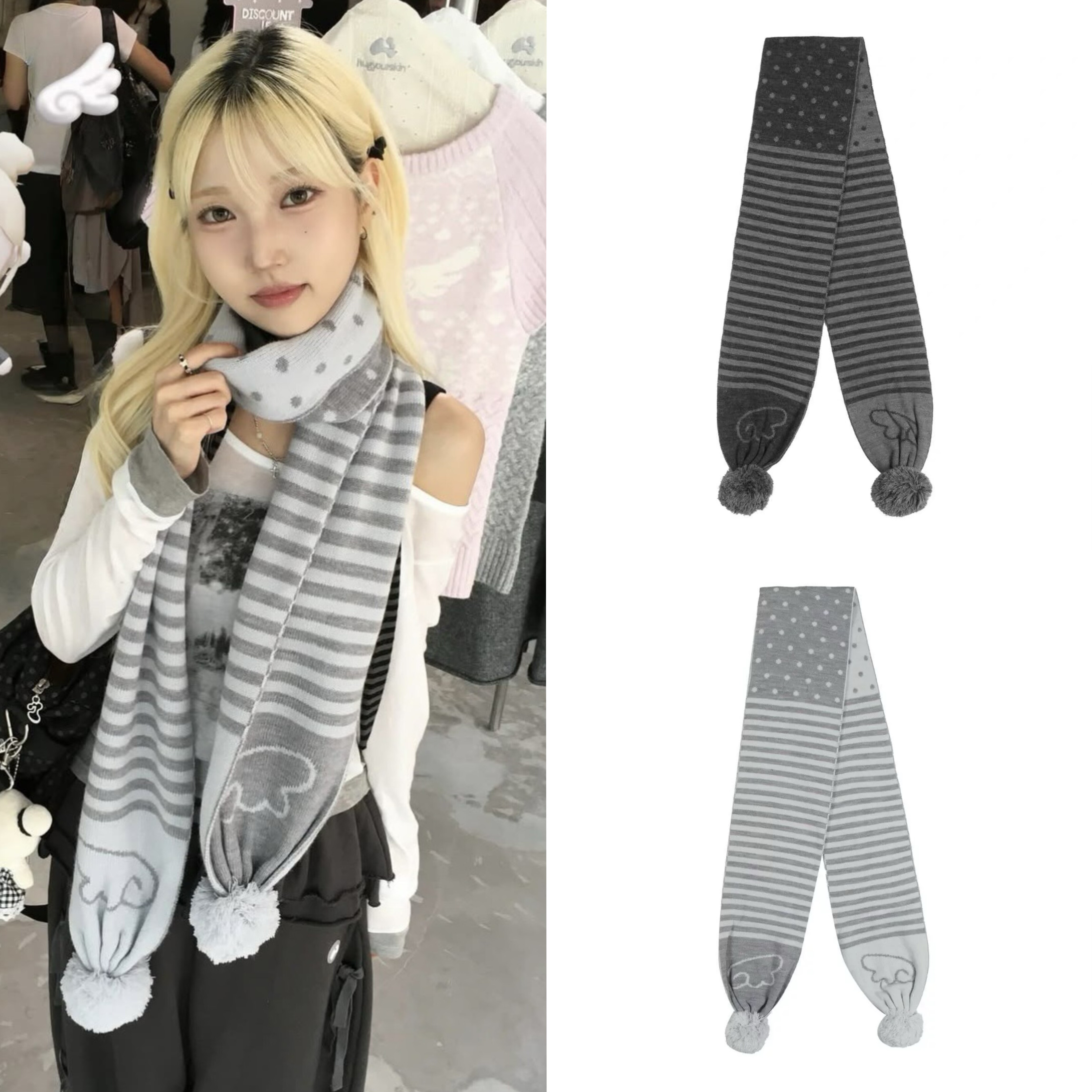 韩国品牌 hugyourskin 25秋冬翅膀波点条纹复古毛球围巾情侣围脖