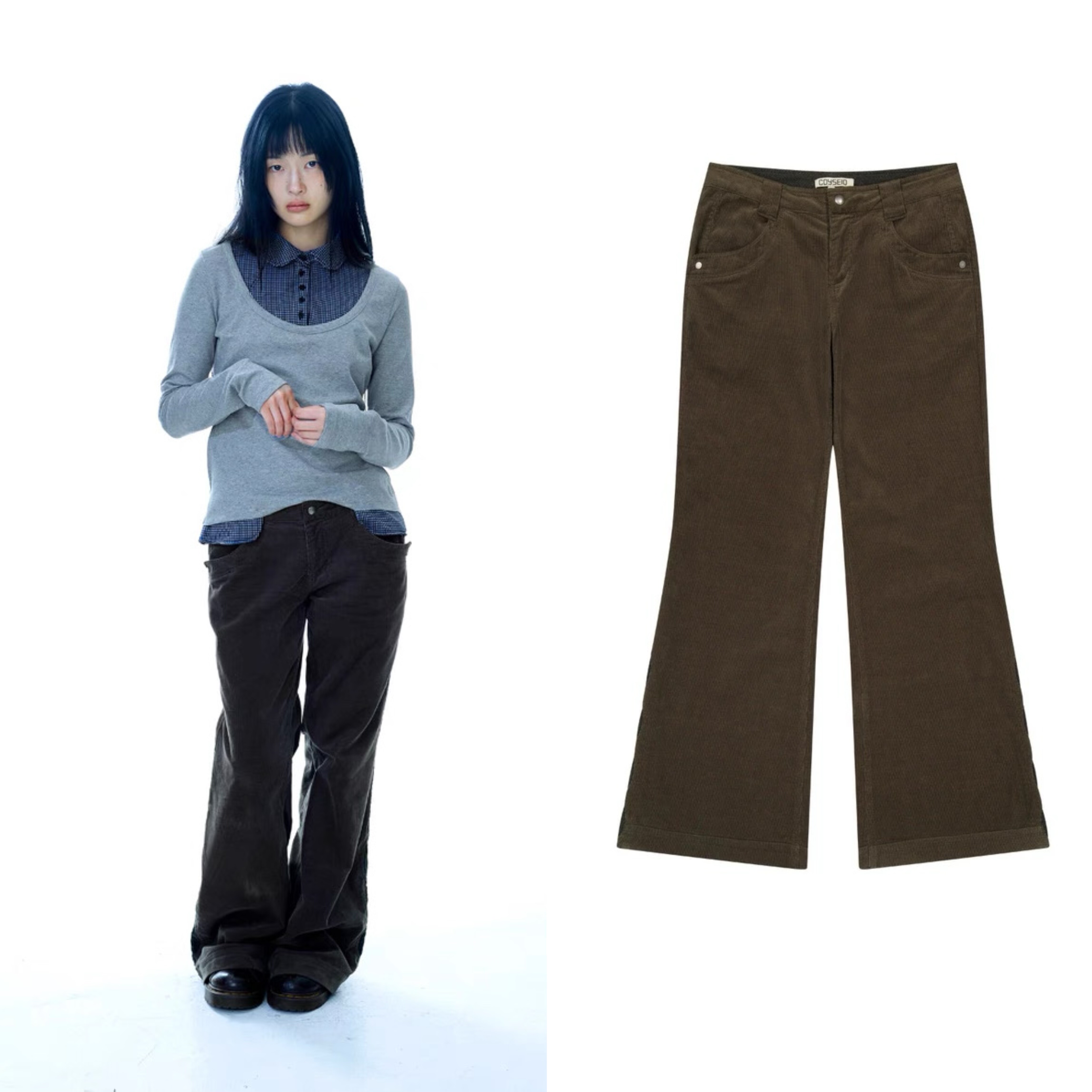 现 coyseio韩国小众品牌女2025秋冬新款拼贴灯芯绒低腰微喇休闲裤