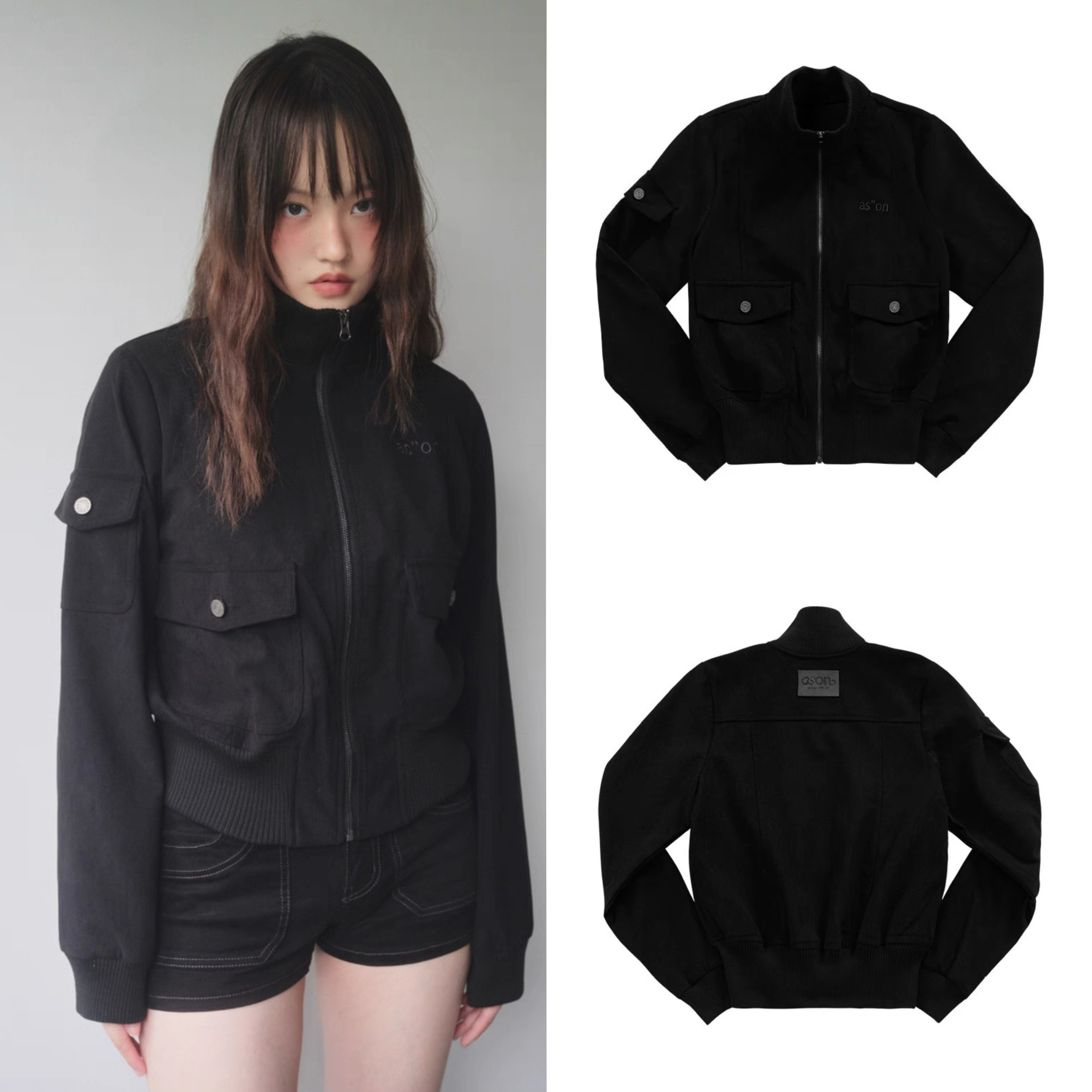 25秋ason韩国设计师品牌 甜酷风口袋立领拉链外套牛仔短裤套装女