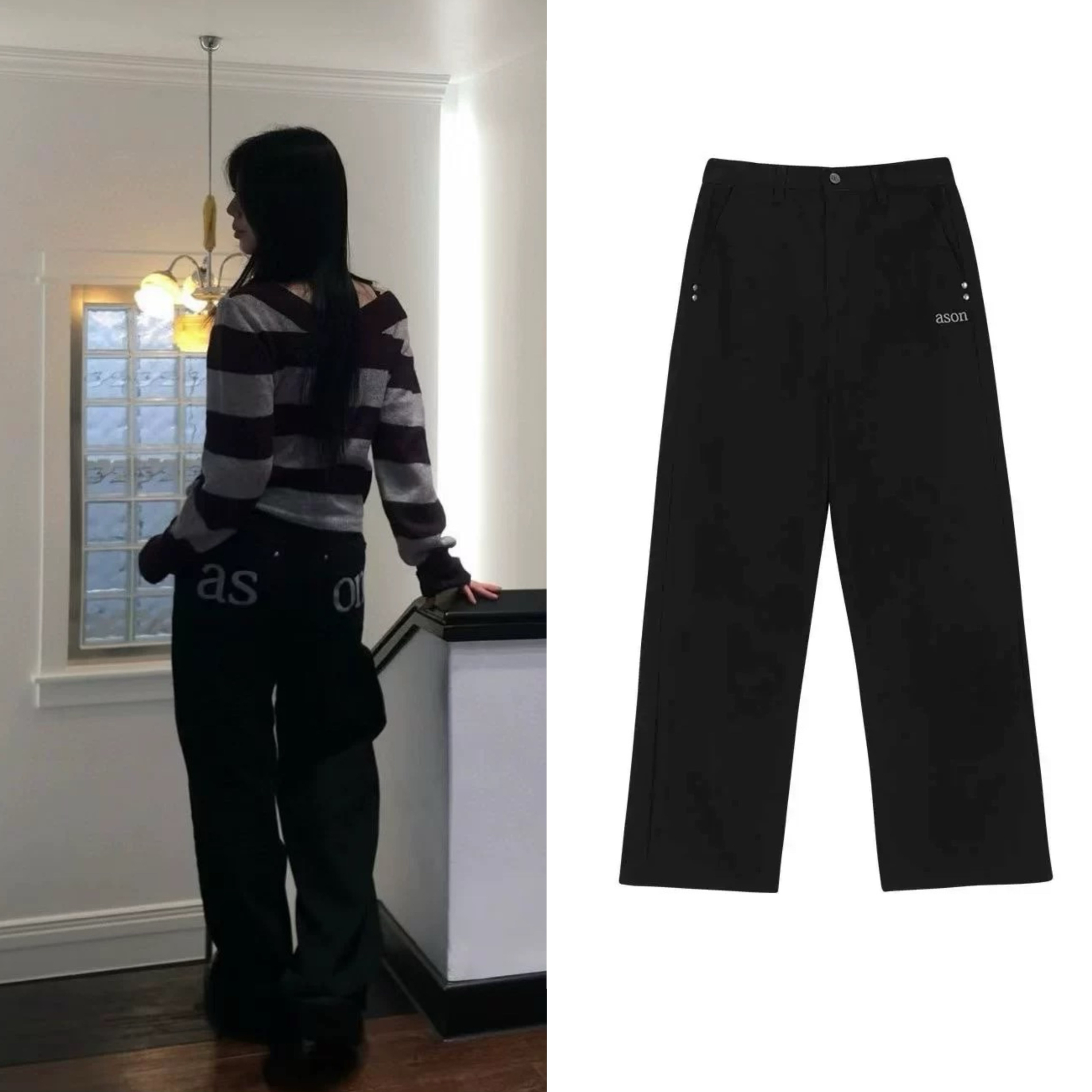 现韩国小众品牌ASON刺绣背后logo复古阔腿裤实用百搭长裤休闲裤