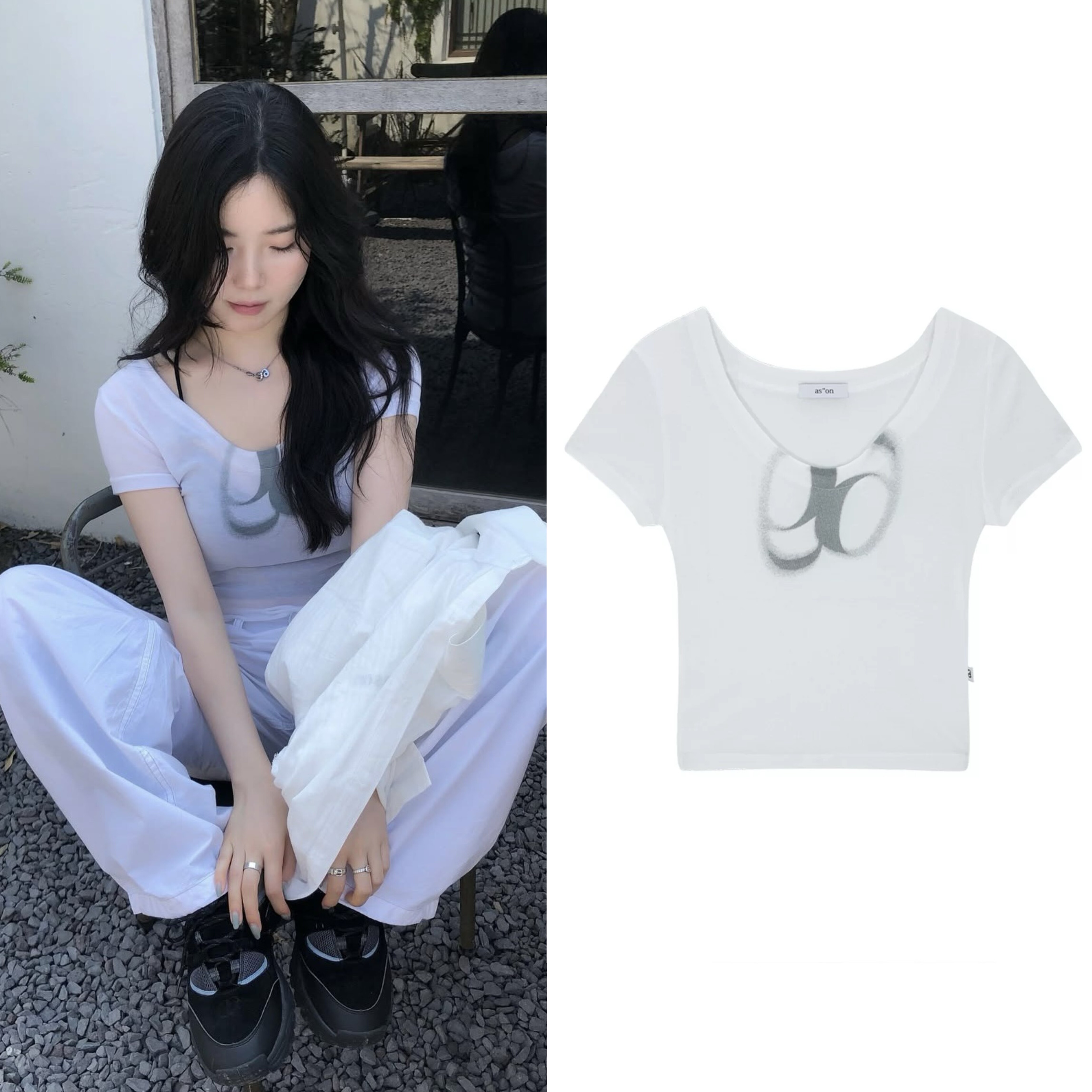 现货 韩国设计师品牌ason纯欲风logo印花微透短款短袖修身T恤上衣