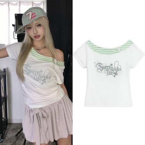 韩国小众品牌hugyourskin插画条纹印花短袖裙一字肩斜肩t恤夏7
