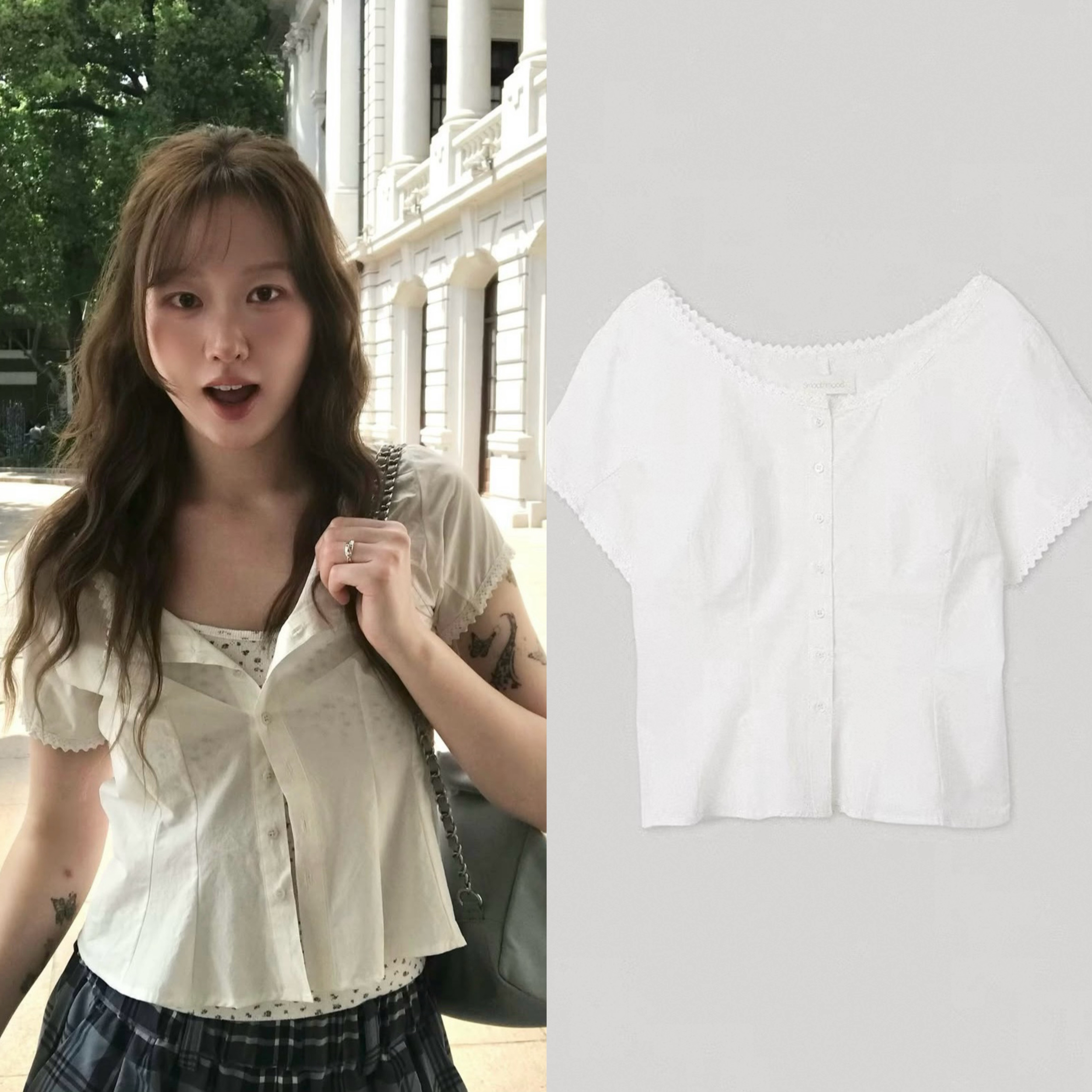 韩国小众品牌smoothmood25新款气质单排扣蕾丝边收腰衬衫上衣女