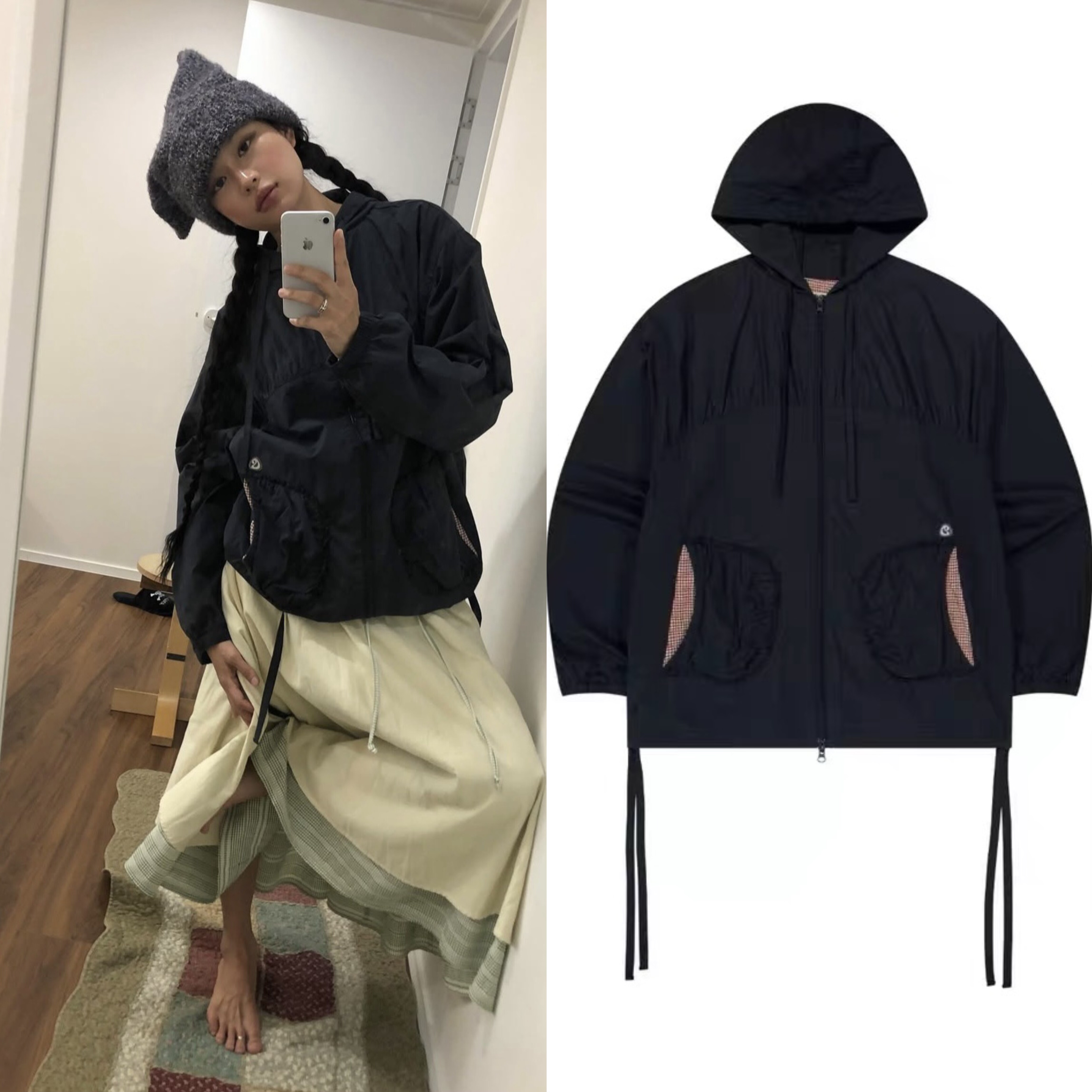 韩国现货 coyseio 25秋季新款日系褶皱抽绳连帽防风外套冲锋衣女